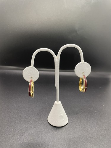 Hoop Earrings Gold Tone Purple Enamel Two Loops Overlap - Picture 2 of 8
