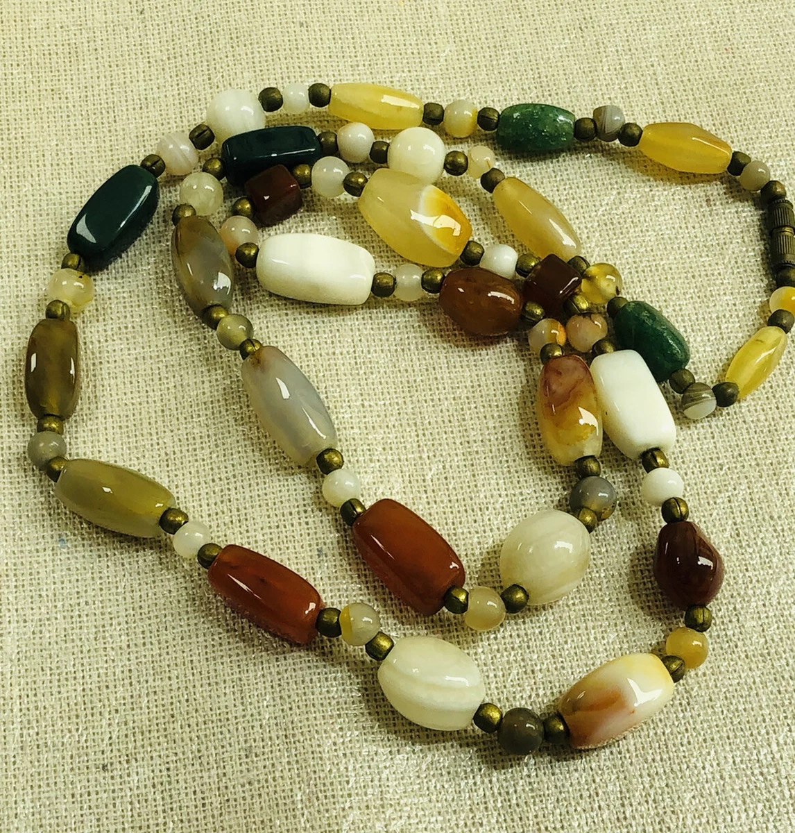 Heavy Polished Stone Multi Color Long Bead Beaded Necklace Vintage