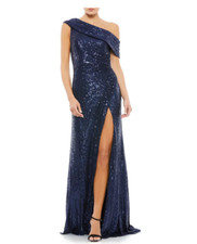 MAC DUGGAL 26550 SEQUIN DROP SHOULDER MIDNIGHT NAVY THIGH SLIT GOWN  sz 4
