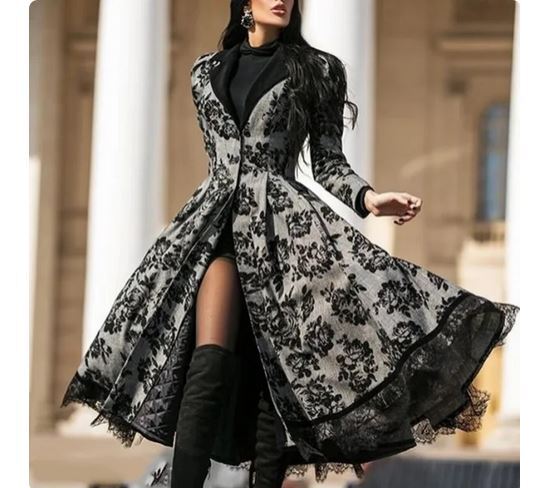 NEW Woman's Black Grey Medieval Retro Lace Stitching Long Gothic Steampunk  Coat