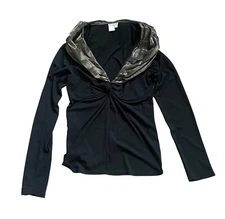 Worth Silk Metallic Pewter Collar Knot Top Women's Size Medium Black Date Night