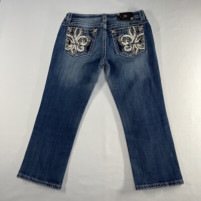 Miss Me Jeans Women's 29 Mid Rise Easy Cropped Straight Bling Embellished Denim