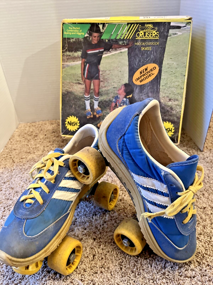 Vintage Nash Jr Cruisers 70s Roller Skates 2/4 Adidas Yellow Stripes Blue  Shoe