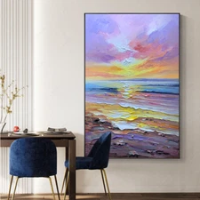 Pure Hand-painted Oil Painting Yellow Purple Seaside Sunrise Decorative Painting