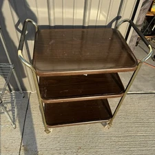 VTG Cosco? Mid-Century 3-Tier Metal Rolling Bar Serving Cart Faux Wood Finish LN
