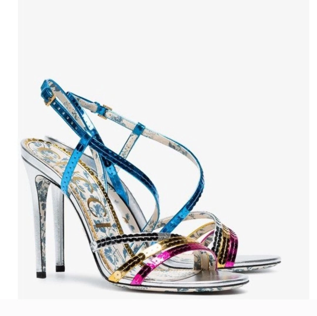 Talon sandale à paillettes multicolore bloc de couleurs Gucci Haines 105 mm neuf dans sa boîte 37 (7)