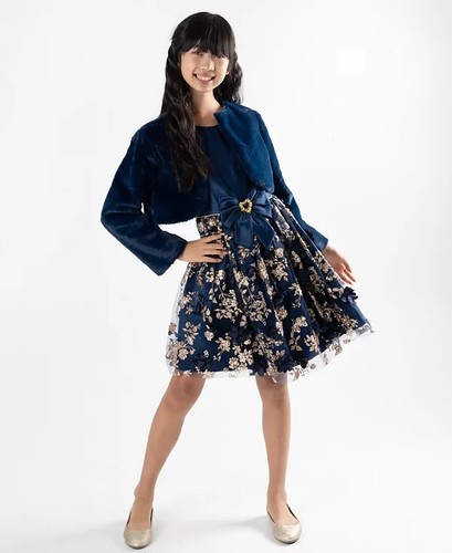 Rare Editions Big Girls Mesh Social Dress Navy SZ 16 With Jacket - Picture 2 of 11