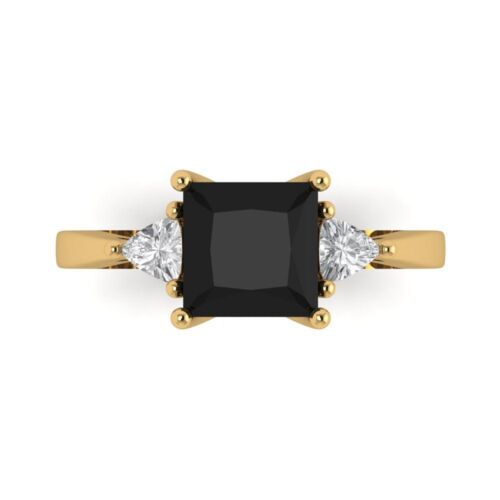 2.4ct Princess Onyx Real 18k Yellow Gold 3 Stone Classic Wedding Bridal Ring - Picture 1 of 11