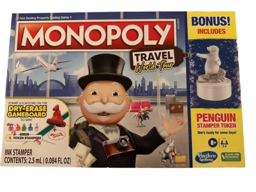 MONOPOLY GAME TRAVEL WORLD TOUR EDITION W/PENGUIN STAMPER TOKEN. NEW