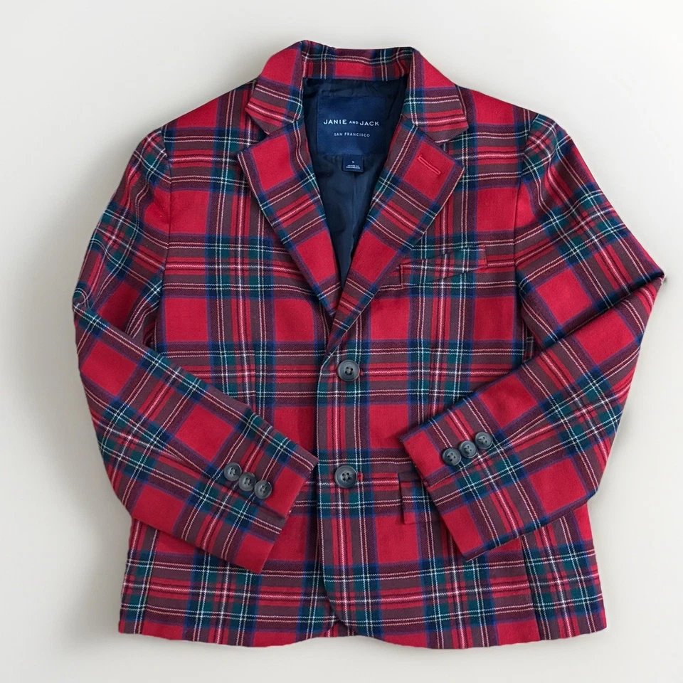 Blazer Janie and Jack Niño Rojo Tartán Lana Talla 5 Navidad Vacaciones Preppy Cuadros Foto 2 de 4