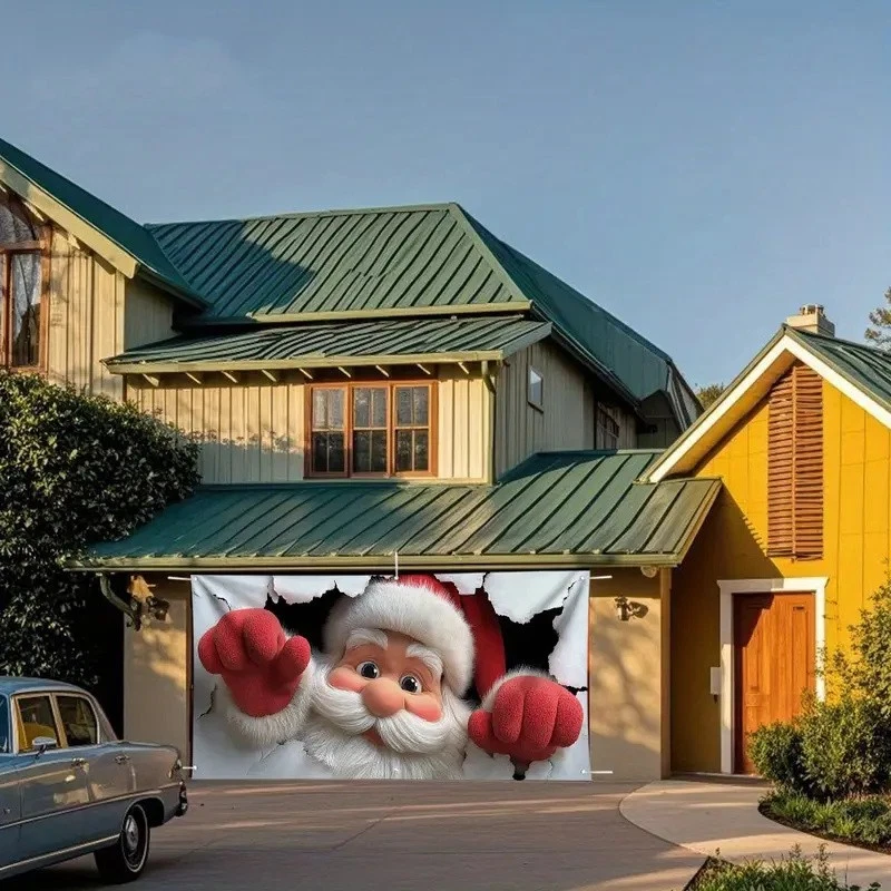 Surprising Santa Christmas Garage Door Banner Cover Fabric Holiday Party Decor - image 4 of 4
