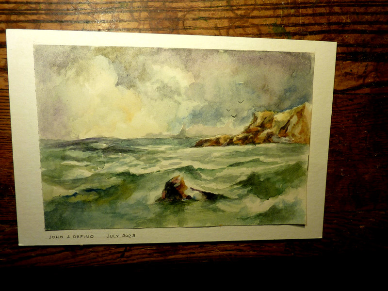 SMALL--SIGNED- SEA-VIEW--NEW ENGLAND-WATERCOLOR-PAINTING