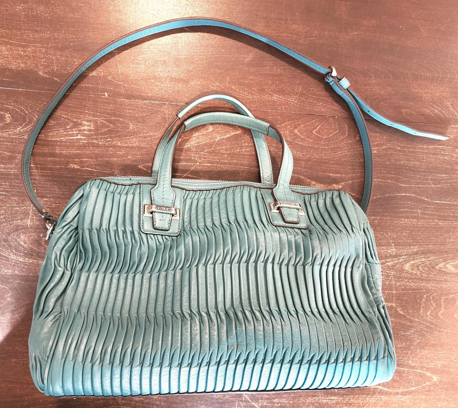 Coach Taylor Gathered Leather Top Handle Purse Bag #25250 Aqua Blue