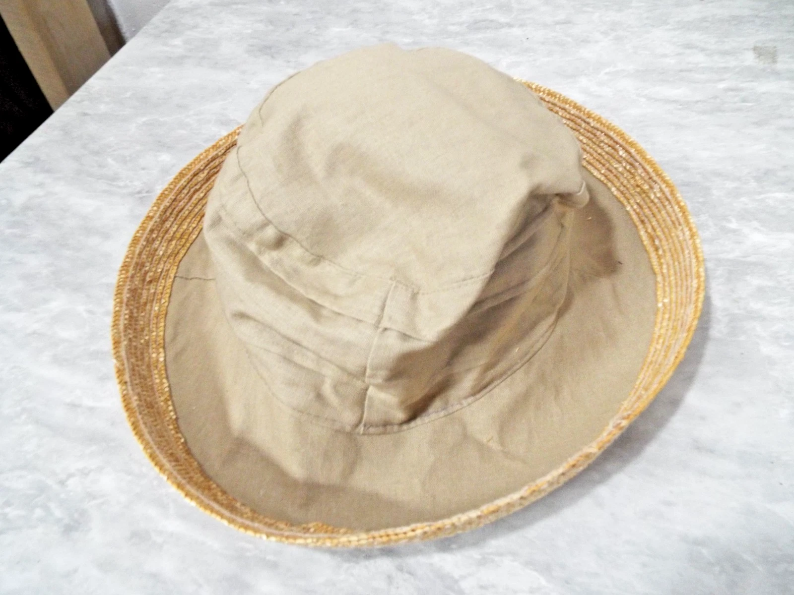Vintage Straw Rim Tan Cotton Hat Women One Size