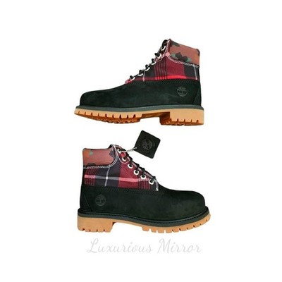 Timberland Boys Heritage Boot Black Red Plaid Leather Waterproof Lace Up 2 New