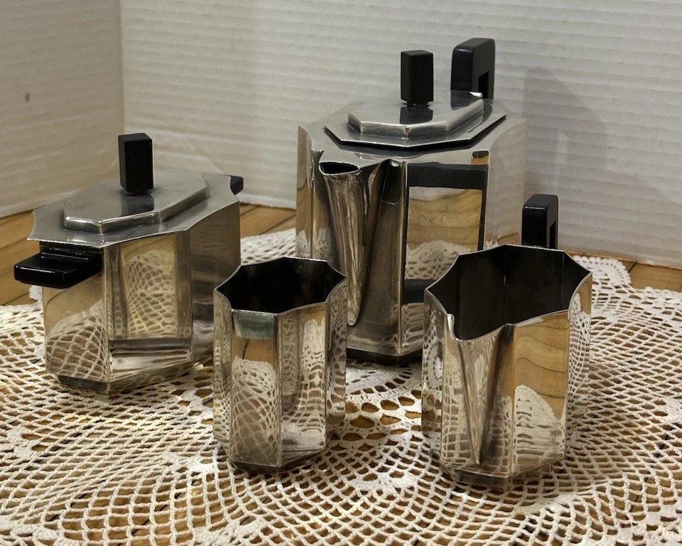 JUEGO DE TÉ CAFÉ ART DECO VINTAGE GERO PLATO PLATEADO Cubista Chris Van Der Hoef Foto 3 de 4