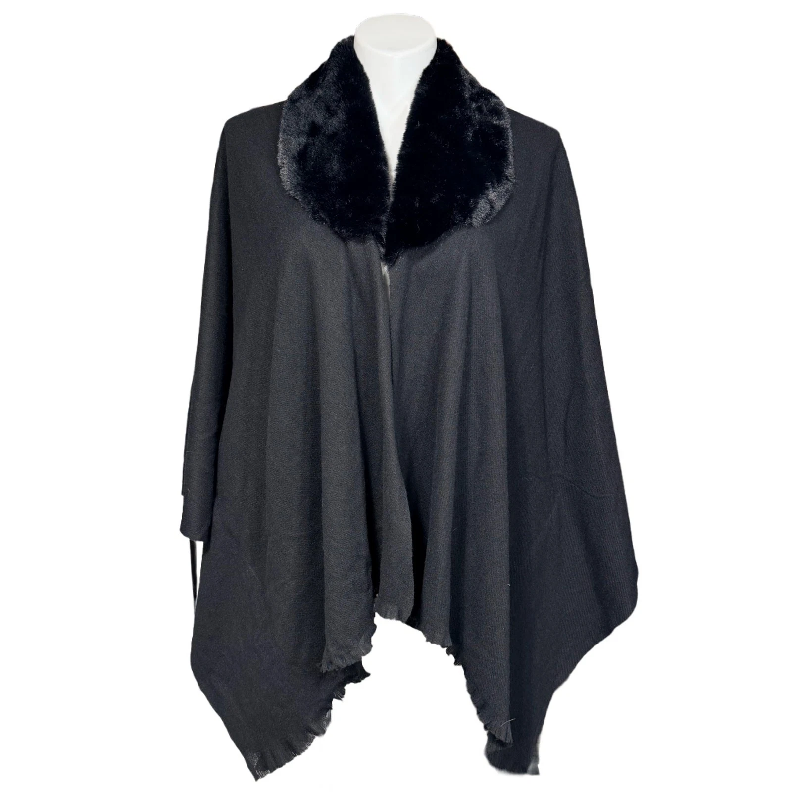 Liz Claiborne Womens Cape Poncho Faux Fur Collar Fringe Hem Black One Size