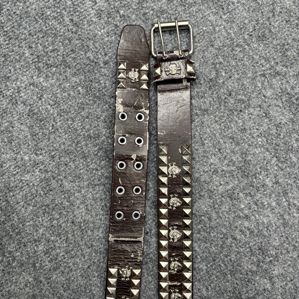 Vintage Studded Leather Belt Mens XL Brown Skulls Pyramid 