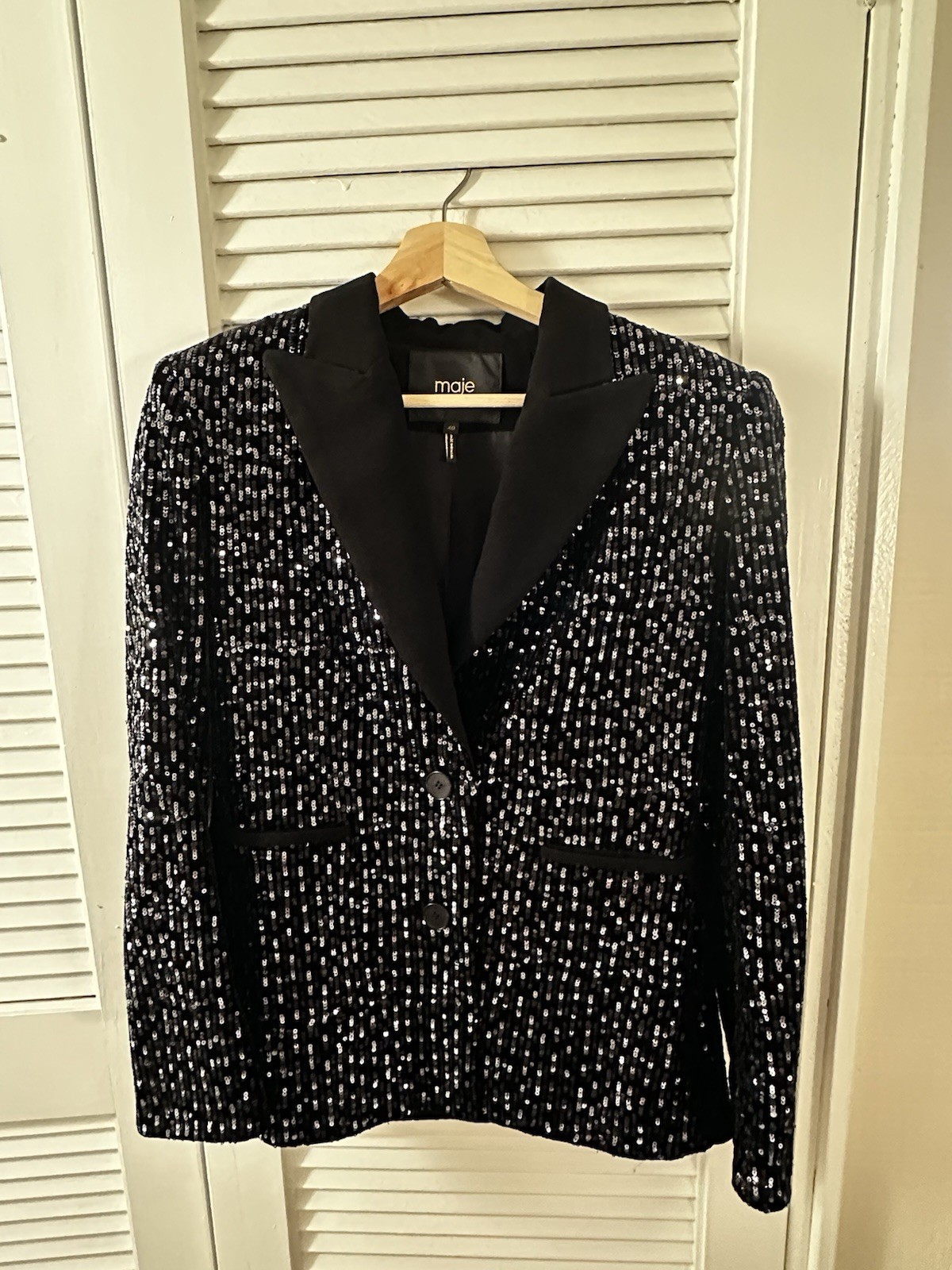 maje Black Silver Sequin Button Collared Blazer J… - image 2