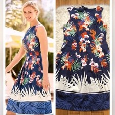 Talbots Orchids Pleated Fit  Flare Floral Sleeveless Knee Length Navy Dress 10P