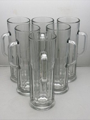 Set Of (6) 9  Tall 21oz. Frankfurt Clear Glass Paneled Beer Mug Steins Heavy