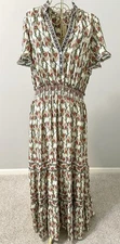 Max Studio Woven Peasant Maxi Dress Boho Floral Green Red Elastic Waist Size XL