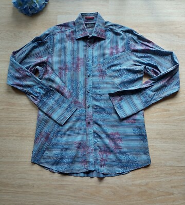 Ryan Kenny Italy Men Dress Shirt Long Sleeve Floral Strip Blue Sz.42