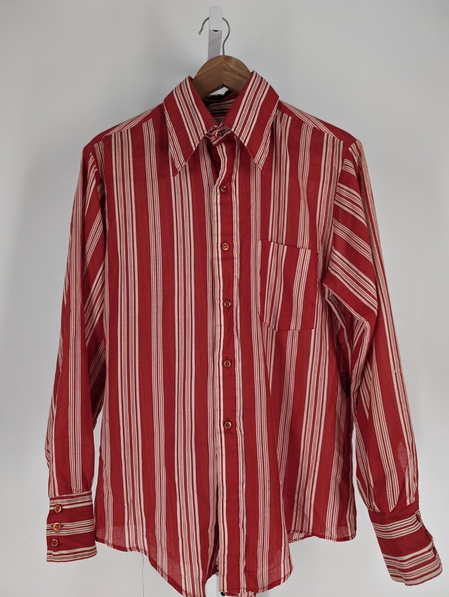 Vintage 70s Big Collar Disco Rockabilly Red Stripe Unionmade Shirt