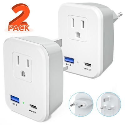(2 PCS) US to EU and UK Portable Travel Adapter with 2 USB Ports 30W Fast Charge