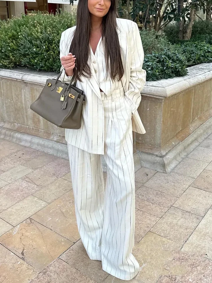 White Striped Women Suit Oversize 3 Piece Leisure Office Party Work Wear Outfits - Image 3 of 4