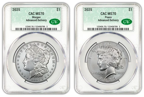 2025 (MS70) Morgan & Peace Silver Dollar (2 Coin) CACG Advanced Delivery AD CAC