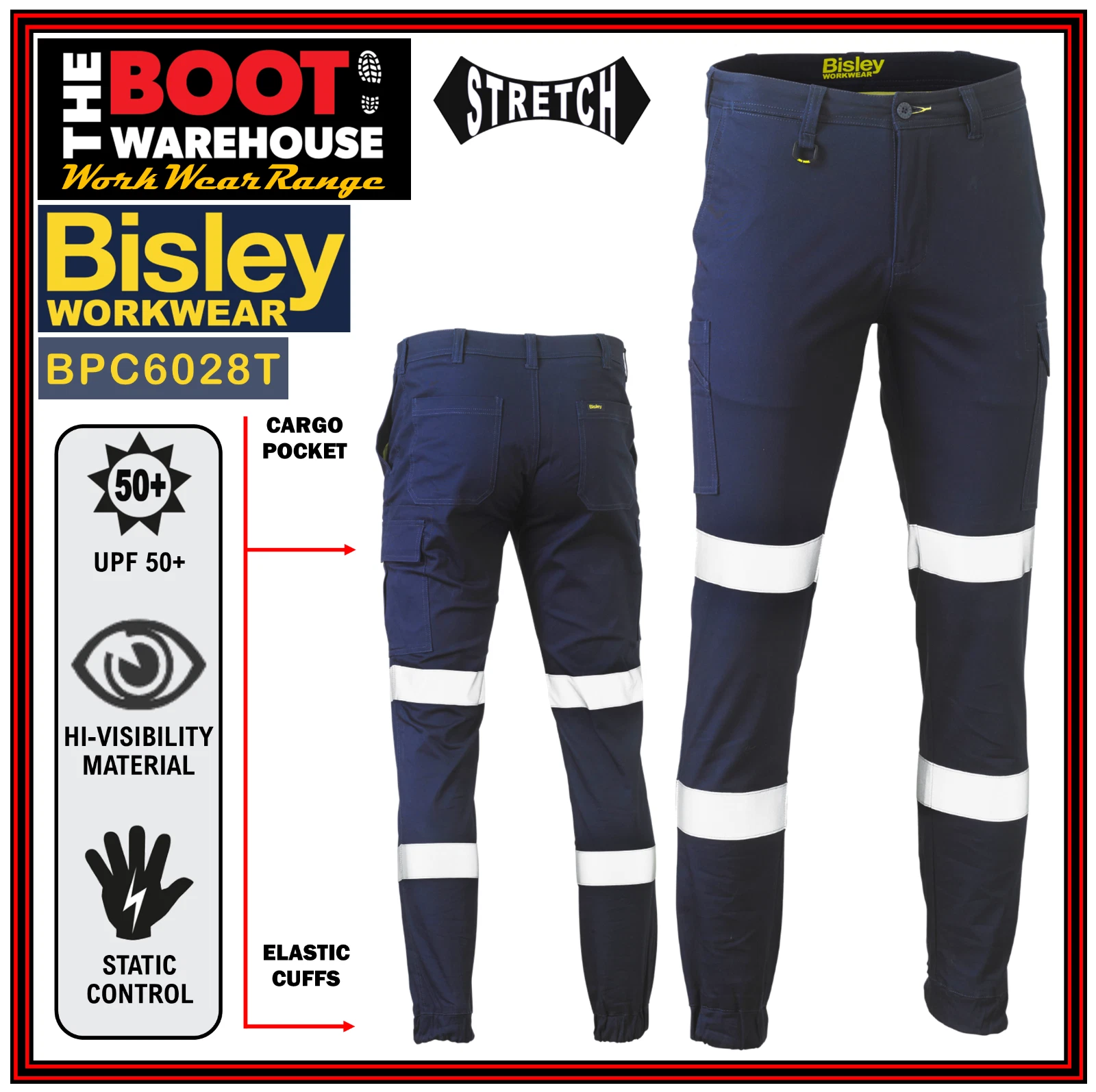 Bisley Workwear BPC6028T Taped Stretch Cotton Drill Elastic Cuffed Cargo Pants