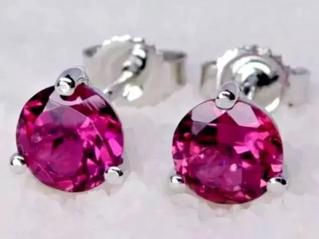 6mm Round Cut Lab Created Red Ruby Solitaire Stud Earrings 14K White Gold Plated - Image 4 of 4