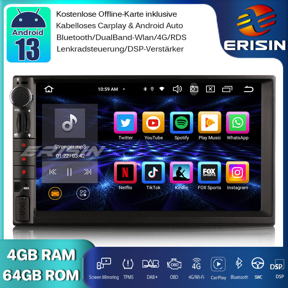 Doppel Din Android 13 Autoradio DAB+CarPlay Navi GPS DSP WiFi OBD BT5.0 4GB+64GB