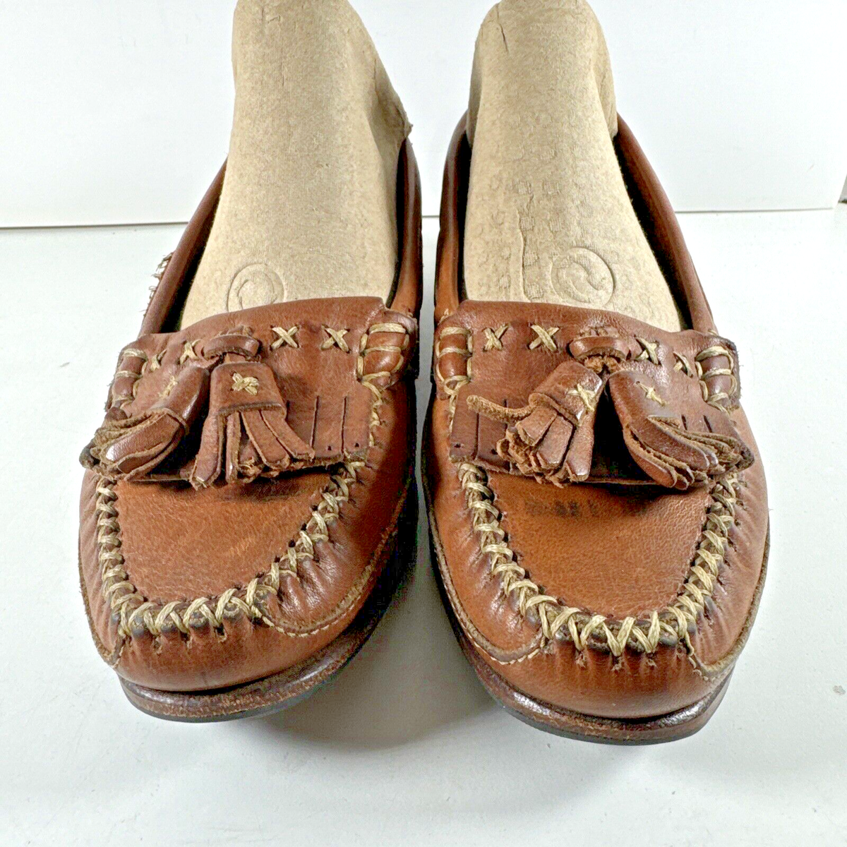 Vintage Cole Haan Womens Flats Brown Leather Loafers Tassel Front