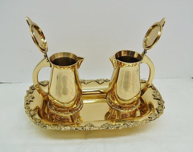 BRASS CHURCH CRUET SET WITH TRAY COMMUNION MASS WINE (359) CHRISMATORY
