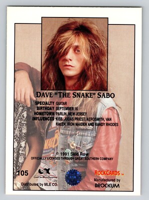 105 Dave Sabo - Skid Row - 1991 Brockum Rock Cards (NRMT-MT) | eBay