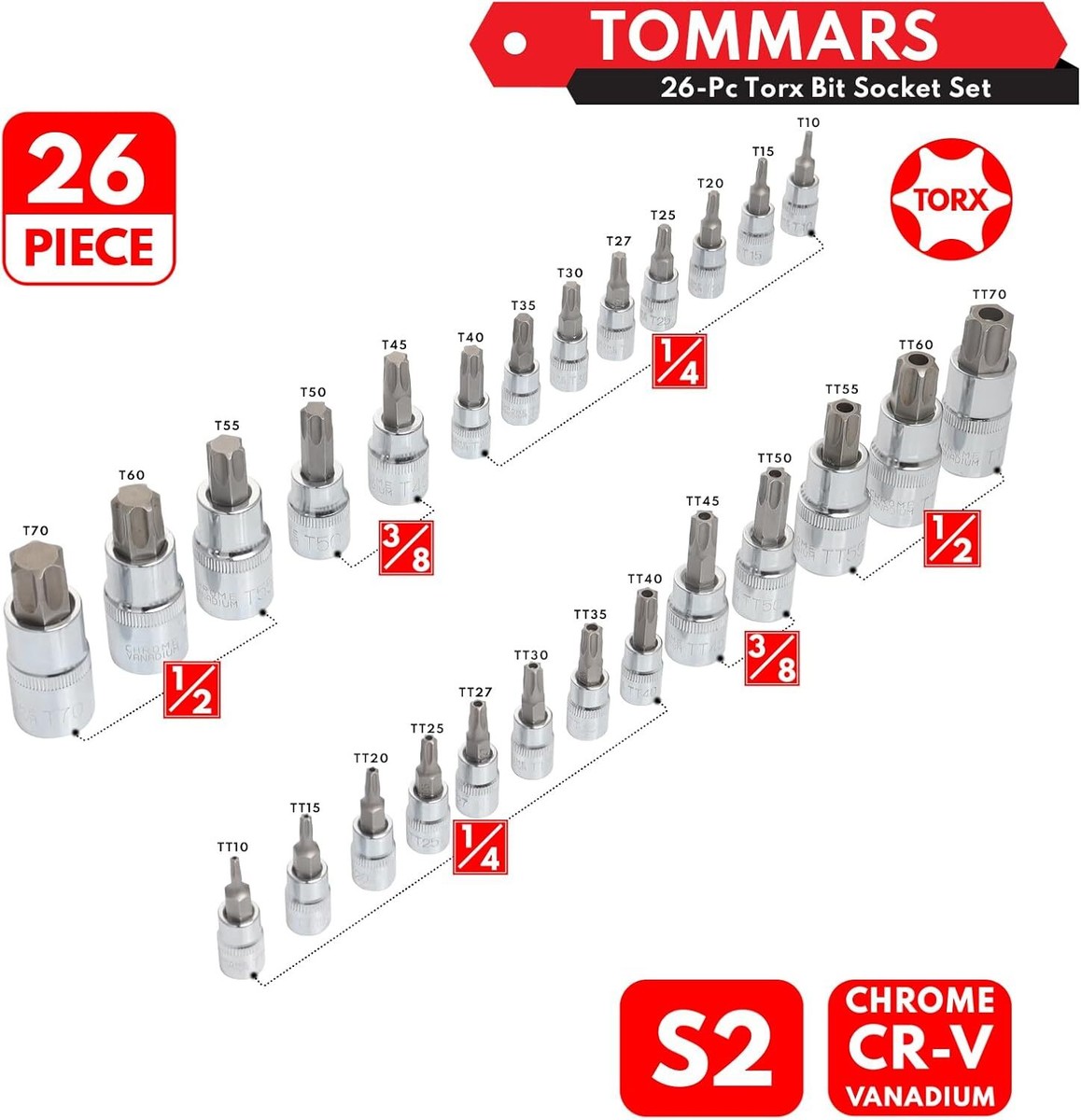 TOMMARS 26-PC Torx Socket Set, 26-Piece, Bit Socet T10-t70