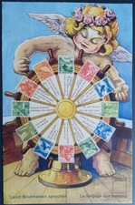Schweiz, "Minouvis" -Postkarte, lasst Briefmarken sprechen, gel. 1950 von Schwei