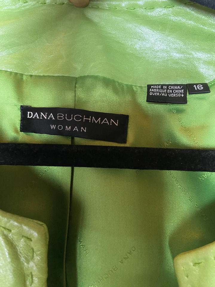 Chaqueta de Cuero Dana Buchman Mujer Kelly Verde Lima Bolsillos Talla 16 Cremallera Frontal Foto 3 de 4