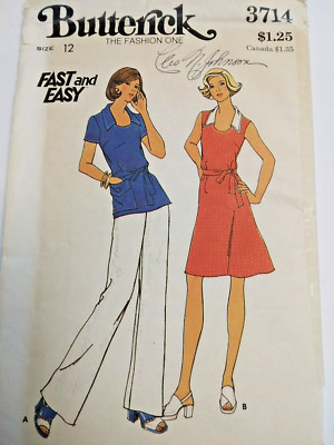 Dress Top Pants 12 Butterick 3714 Sewing Pattern UC VTG 80s Collared Tie Belt