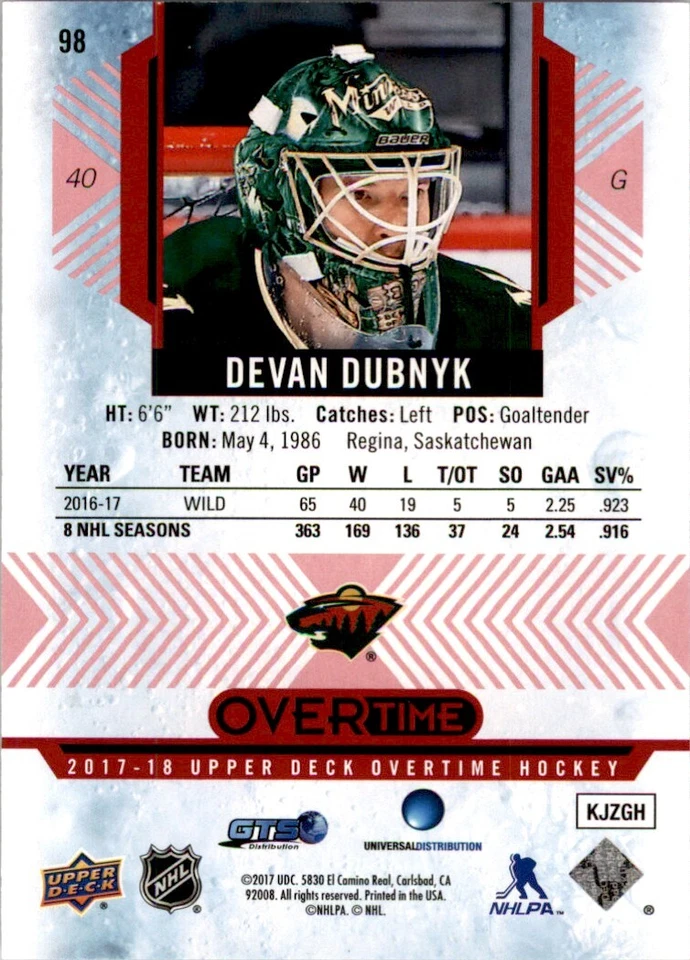 2017-18 Upper Deck Overtime Red #98 Devan Dubnyk /99 - Image 2 of 2