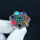 Mix Natural Stone 925 Sterling Silver Gemstone Flower Handmade 7 Chakra Rings