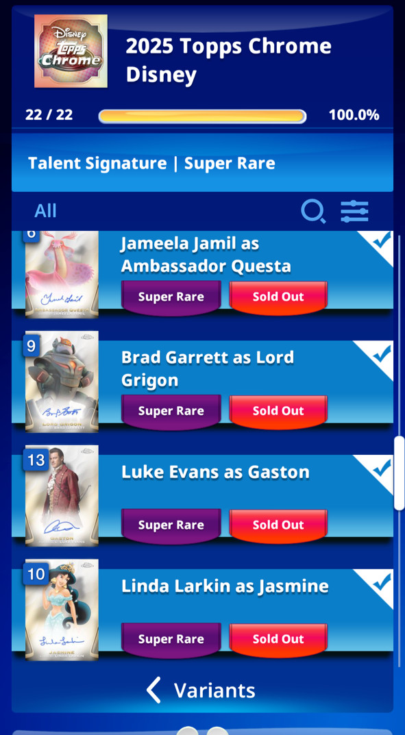 Super Rare Set of 22 Topps Disney Collect 2025 Chrome Talent Signature SR SET