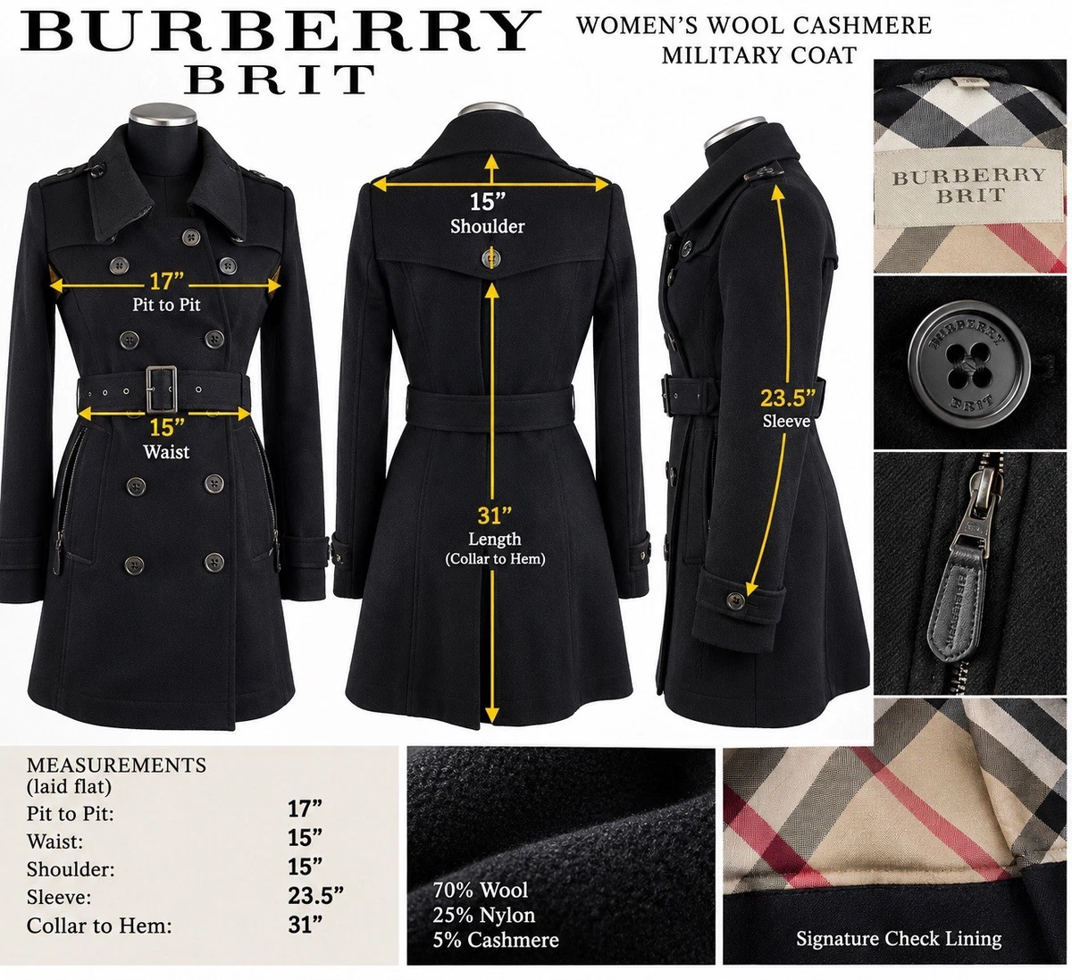 Burberry Brit Women's Black Wool Cashmere Military Trench Coat Belted XS