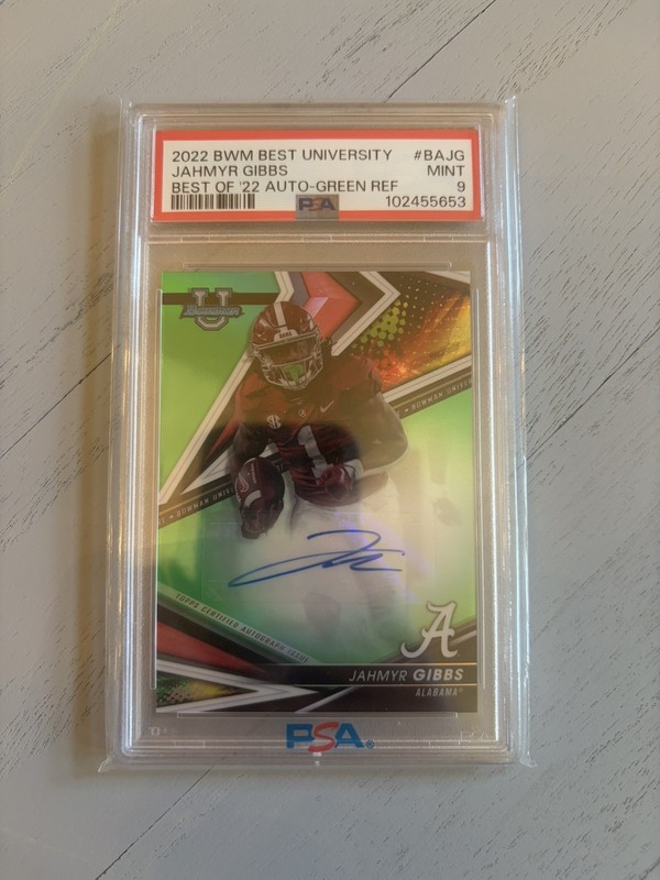 Jahmyr Gibbs Best Of 22 Green Auto Bowman Best /99 PSA 9