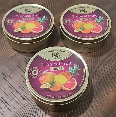 CAVENDISH & HARVEY Tropical Fruit Drops Hard Candy 7 oz SEALED TIN PACK OF 3
