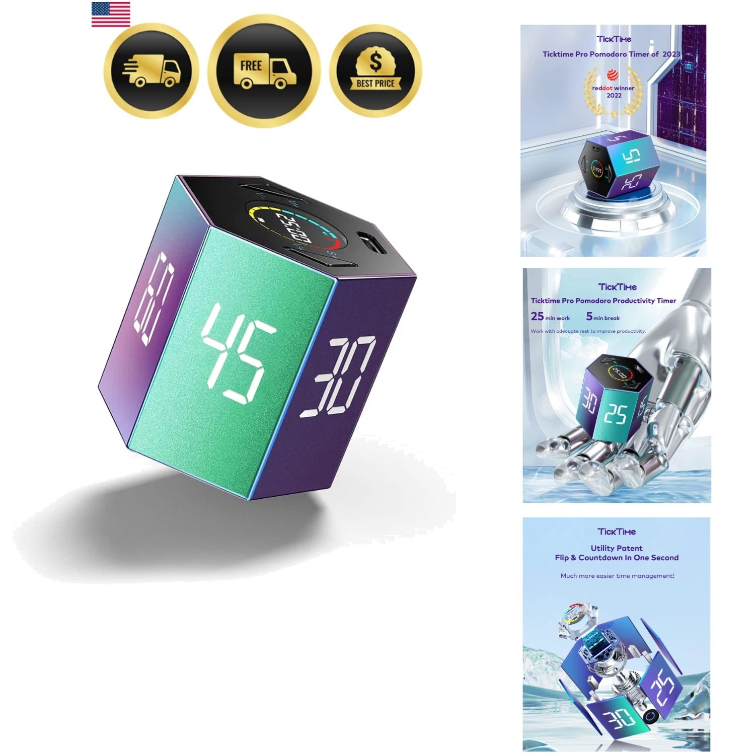 Ticktime Pomodoro Timer, Productivity Timer Cube, 5/15/25/30/45/60 Min Preset...
