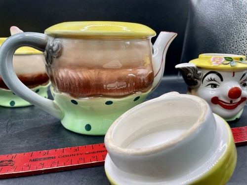 PY Japan Happy Clown Head with Yellow Hat Teapot Creamer Sugar Set Vtg 1950’s - Picture 8 of 11