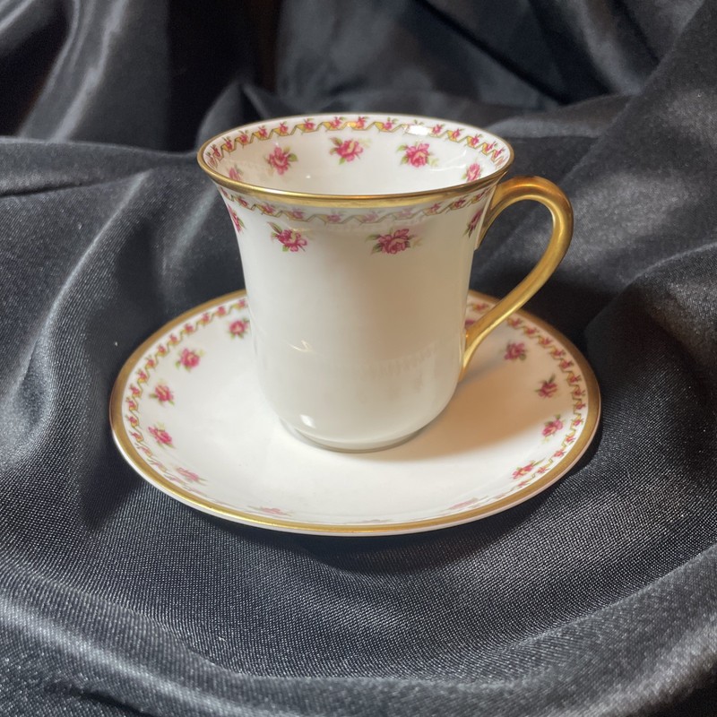 Antique Haviland Limoges Teacup & Saucer. Rose Garland & Gold Trim-Double Marked
